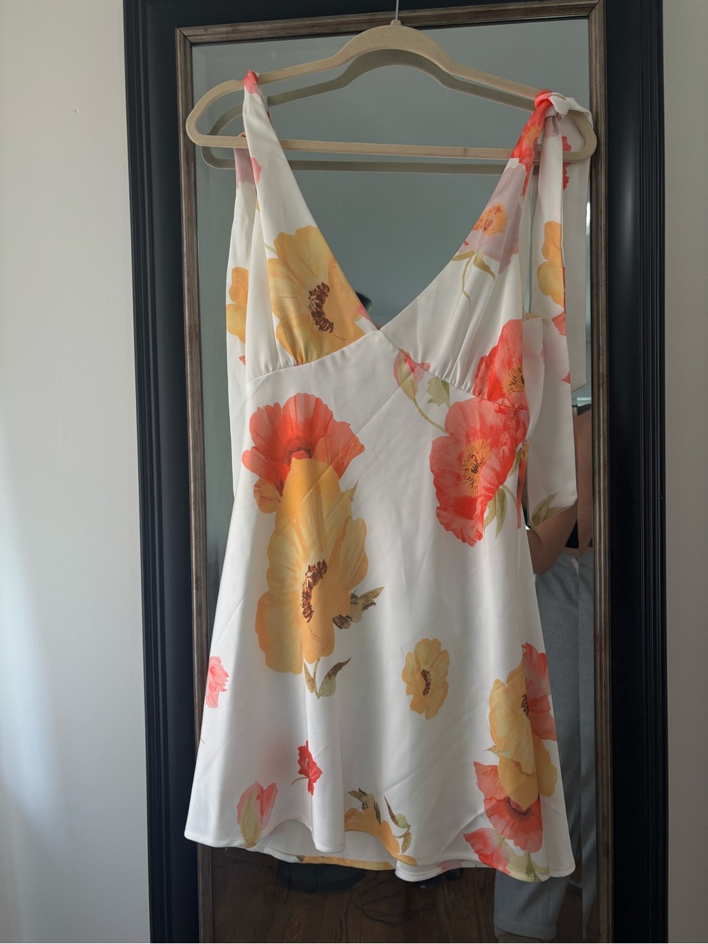 Floral Tie-Shoulder Mini Dress in White with Coral & Yellow Blooms